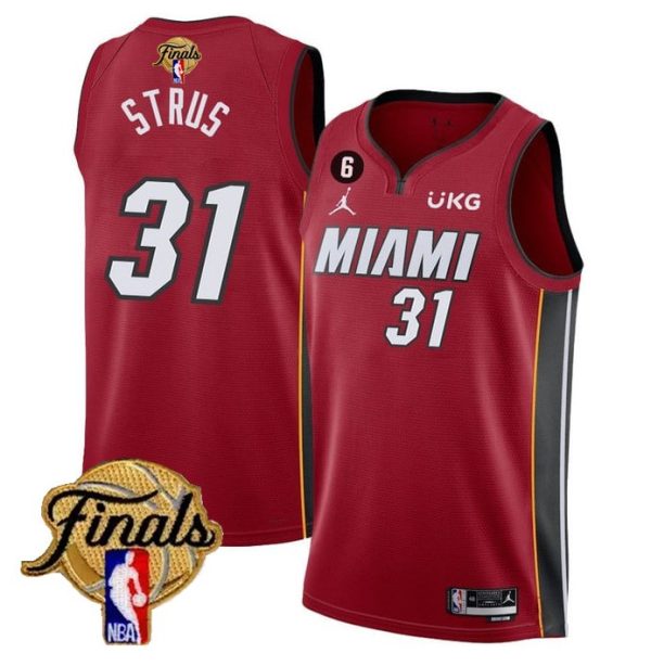 Men Miami Heat #31 Max Strus Red 2023 Finals Statement Edition With NO.6 Patch Stitched Jersey