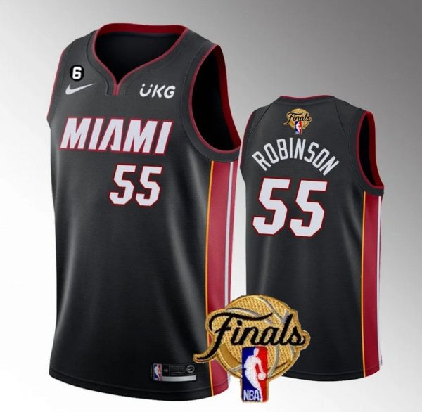 Men Miami Heat #55 Duncan Robinson Black 2023 Finals Icon Edition With NO.6 Patch Stitched Jersey