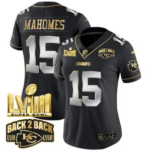 Women Kansas City Chiefs Super Bowl LVIII & Back 2 Back Gold Patch Vapor Jersey