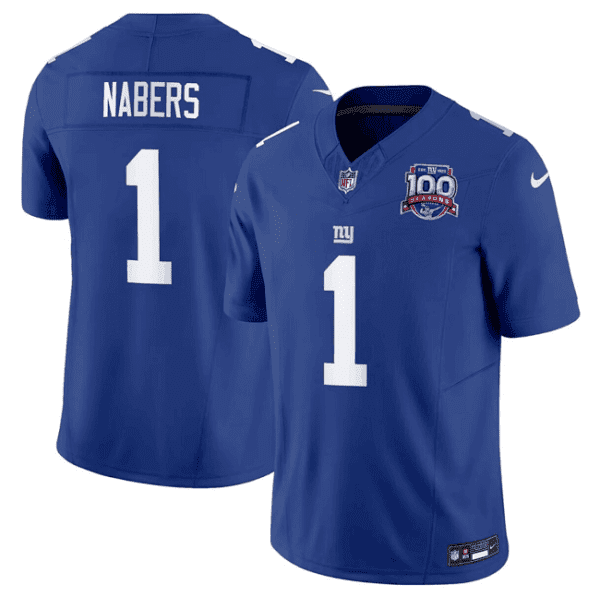 Youth New York Giants #1 Malik Nabers Blue 2024 F.U.S.E. 100TH Season Patch Vapor Untouchable Limited Football Stitched Jersey