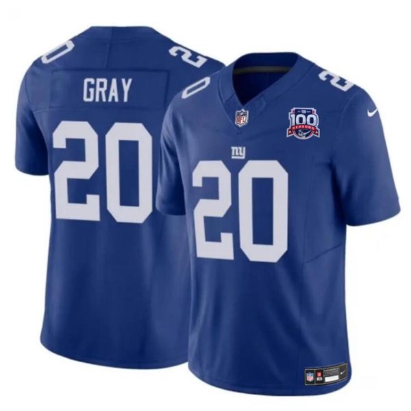 Youth New York Giants #20 Eric Gray Blue 2024 F.U.S.E. 100TH Season Patch Vapor Untouchable Limited Football Stitched Jersey