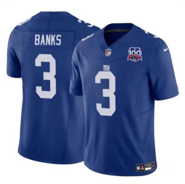 Youth New York Giants #3 Deonte Banks Blue 2024 F.U.S.E. 100TH Season Patch Vapor Untouchable Limited Football Stitched Jersey