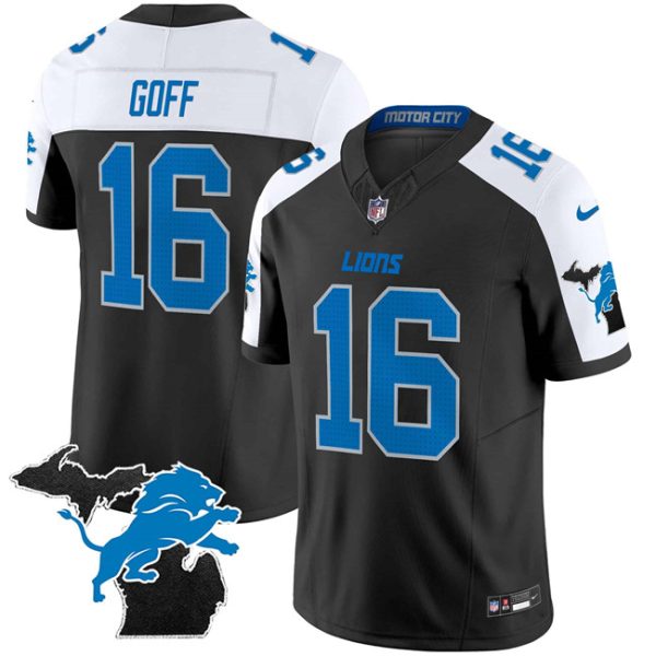 Detroit Lions #16 Jared Goff Black/White F.U.S.E. 2024 Michigan Patch Vapor Limited Football Stitched Jersey