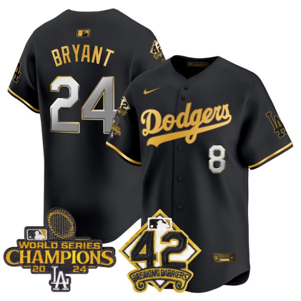 Dodgers 2024 World Series Champions & Jackie Robinson Patch Vapor Premier Limited Jersey - Black Gold Kobe Bryant
