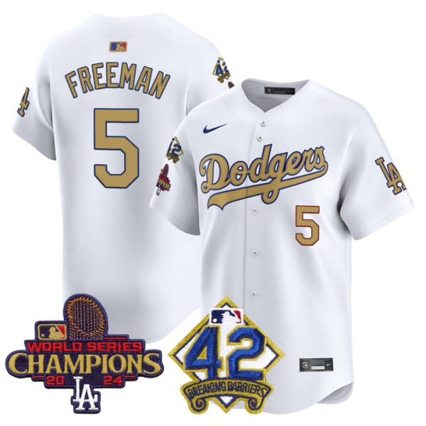 Dodgers 2024 World Series Champions & Jackie Robinson Patch Vapor Premier Limited Jersey - White Freddie Freeman