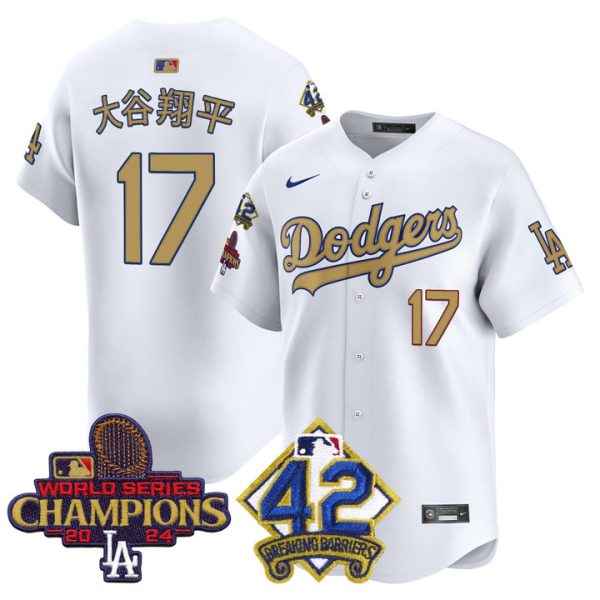 Dodgers 2024 World Series Champions & Jackie Robinson Patch Vapor Premier Limited Jersey - White Shohei Ohtani (Kanji)