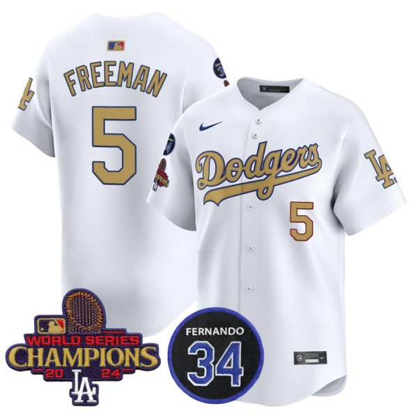 Dodgers 2025 #34 Fernando Patch Gold Vapor Premier Limited Jersey - White Freddie Freeman