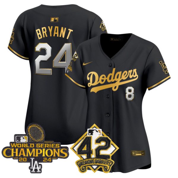Women's Dodgers 2024 World Series Champions & Jackie Robinson Patch Vapor Premier Limited Jersey - Black Gold Kobe Bryant