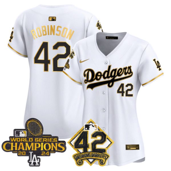 Women's Dodgers 2024 World Series Champions & Jackie Robinson Patch Vapor Premier Limited Jersey - White Gold Jackie Robinson