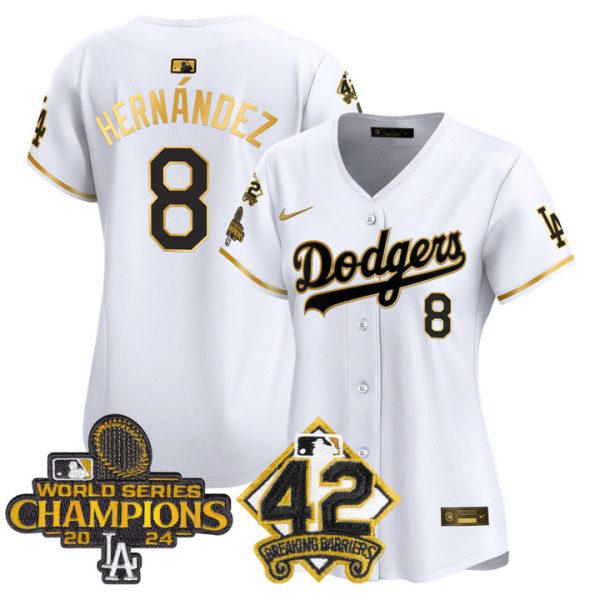 Women's Dodgers 2024 World Series Champions & Jackie Robinson Patch Vapor Premier Limited Jersey - White Gold Kike Hernandez