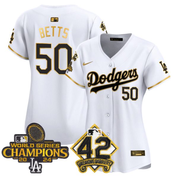 Women's Dodgers 2024 World Series Champions & Jackie Robinson Patch Vapor Premier Limited Jersey - White Gold Mookie Betts
