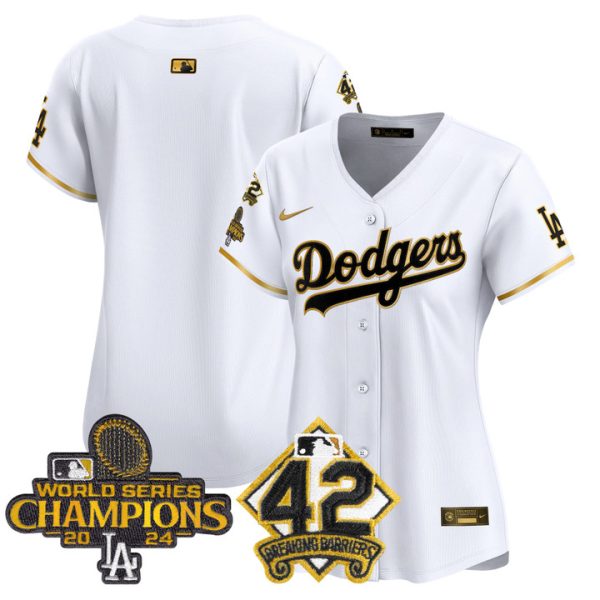 Women's Dodgers 2024 World Series Champions & Jackie Robinson Patch Vapor Premier Limited Jersey - White Gold Team