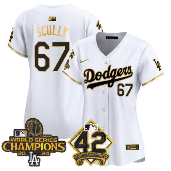 Women's Dodgers 2024 World Series Champions & Jackie Robinson Patch Vapor Premier Limited Jersey - White Gold Vin Scully
