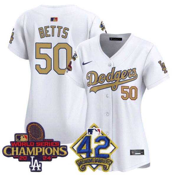 Women's Dodgers 2024 World Series Champions & Jackie Robinson Patch Vapor Premier Limited Jersey - White Mookie Betts