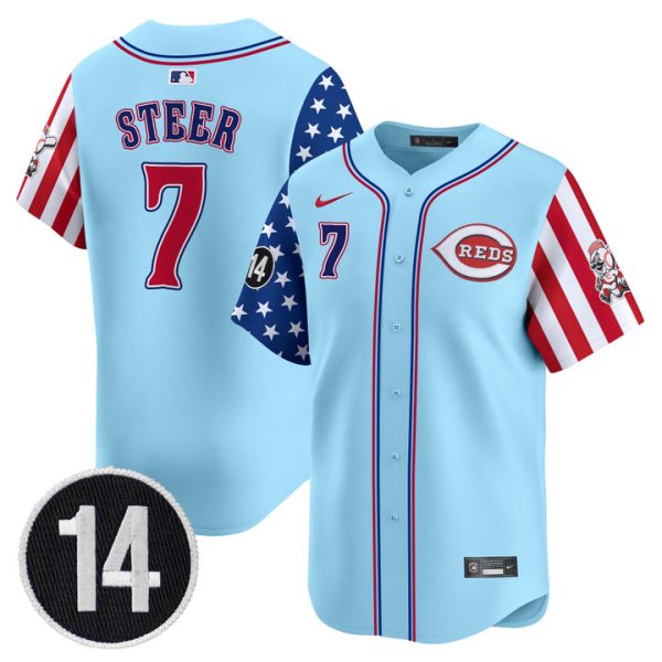 Cincinnati Reds 2025 Independence Day Vapor Premier Limited Jersey - Pete Rose Patch Stitched Blue Spencer Steer