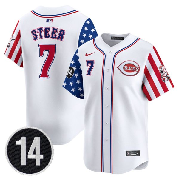 Cincinnati Reds 2025 Independence Day Vapor Premier Limited Jersey - Pete Rose Patch Stitched White Spencer Steer