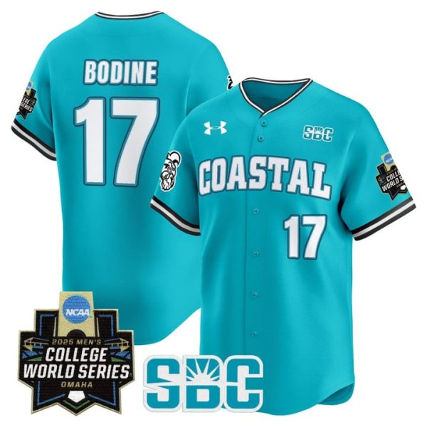 Coastal Carolina Chanticleers 2025 World Series Vapor Premier Limited Jersey Stitched Teal Caden Bodine