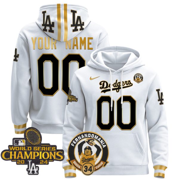 Dodgers Fernando & 2024 World Series Champions Patch Custom Pullover Stitched Hoodie - White Gold