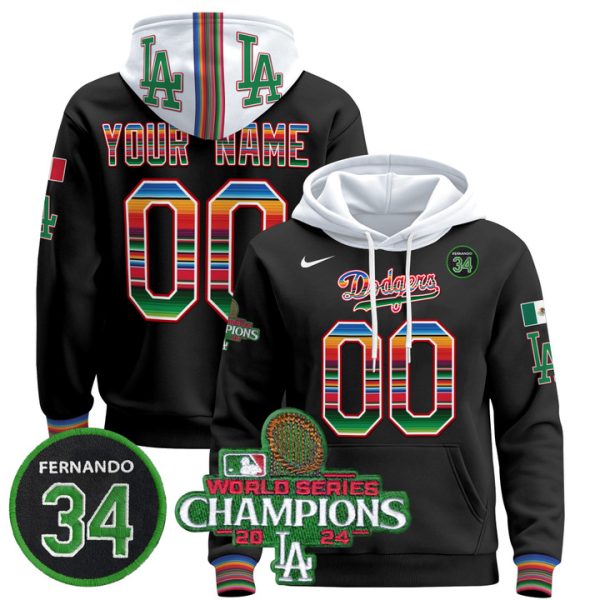 Dodgers Mexico 2024 World Series Champions Custom Pullover Stitched Hoodie - Black
