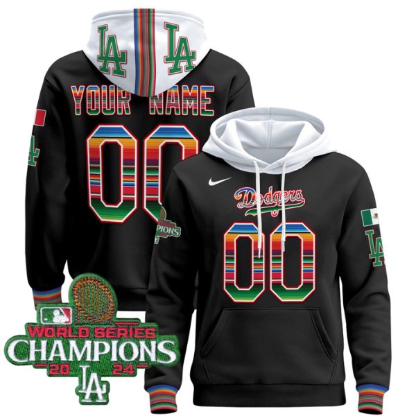 Dodgers Mexico 2024 World Series Champions Custom Pullover Stitched Hoodie - Black