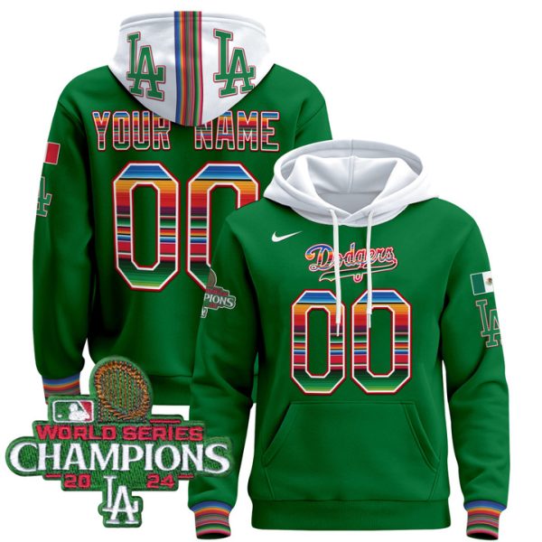 Dodgers Mexico 2024 World Series Champions Custom Pullover Stitched Hoodie - Green