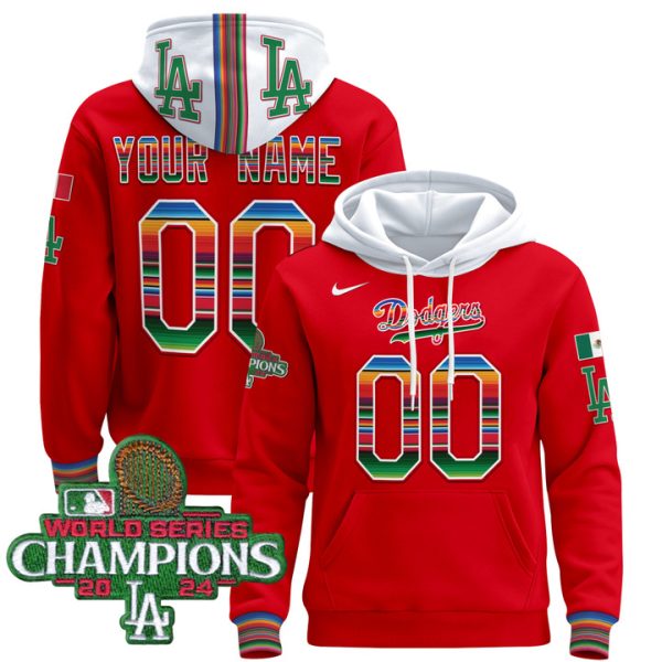 Dodgers Mexico 2024 World Series Champions Custom Pullover Stitched Hoodie - Red