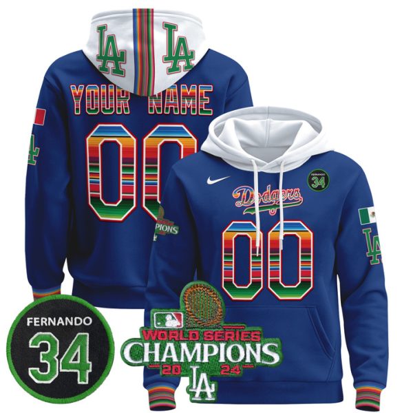 Dodgers Mexico 2024 World Series Champions Custom Pullover Stitched Hoodie - Royal