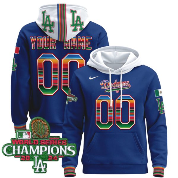 Dodgers Mexico 2024 World Series Champions Custom Pullover Stitched Hoodie - Royal