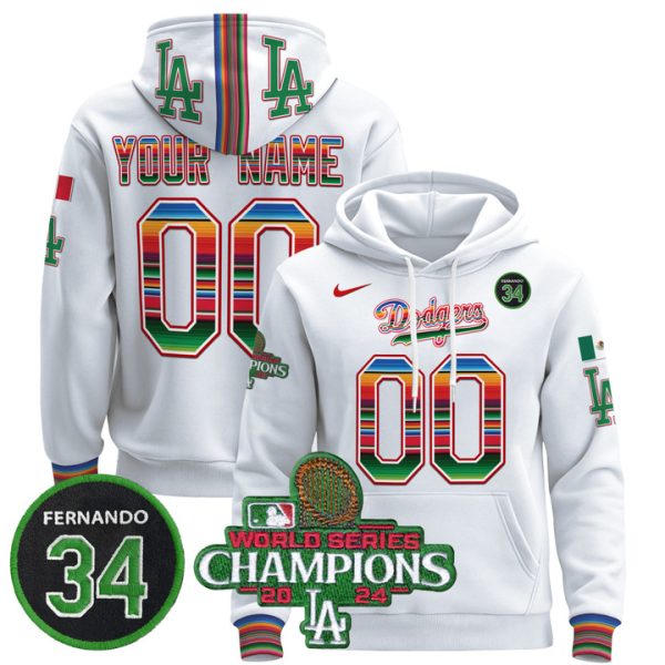 Dodgers Mexico 2024 World Series Champions Custom Pullover Stitched Hoodie - White