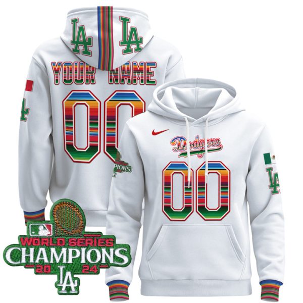 Dodgers Mexico 2024 World Series Champions Custom Pullover Stitched Hoodie - White