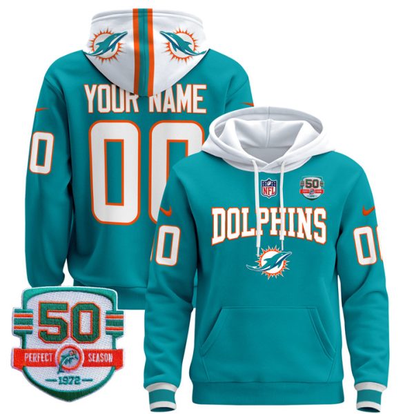 Dolphins 50th 1972 Perfect Season Patch Custom Pullover Stitched Hoodie - Aqua