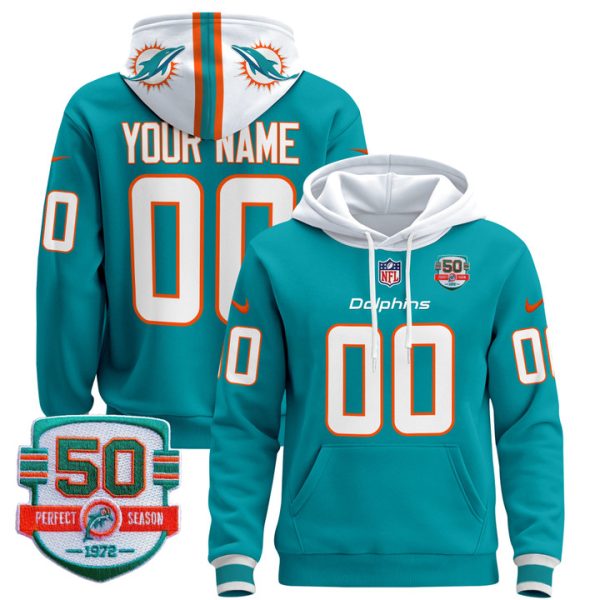 Dolphins 50th 1972 Perfect Season Patch Custom Pullover Stitched Hoodie - Aqua