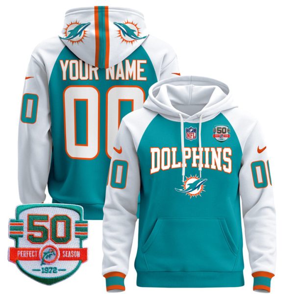 Dolphins 50th 1972 Perfect Season Patch Custom Pullover Stitched Hoodie - Aqua Alternate