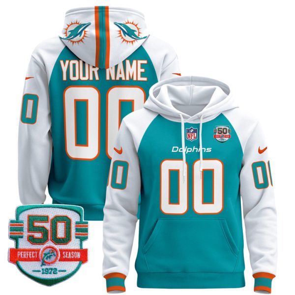 Dolphins 50th 1972 Perfect Season Patch Custom Pullover Stitched Hoodie - Aqua Alternate