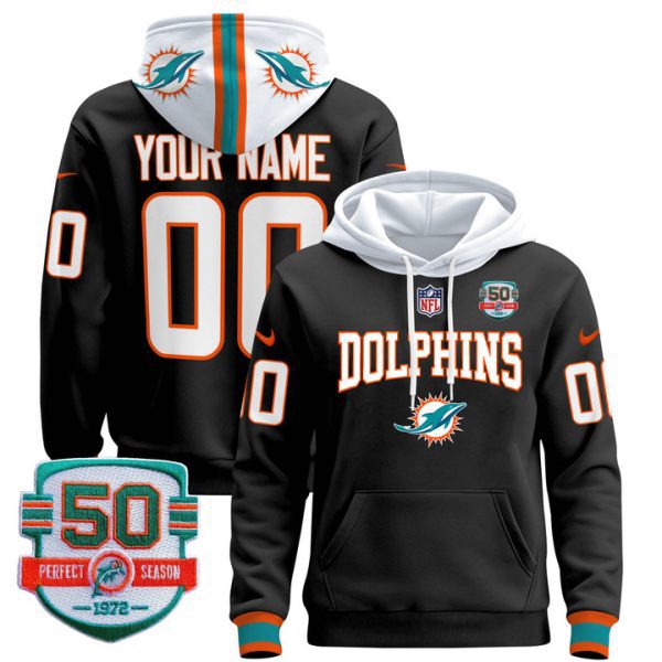 Dolphins 50th 1972 Perfect Season Patch Custom Pullover Stitched Hoodie - Black