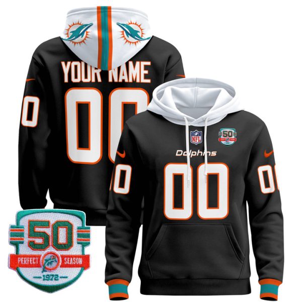 Dolphins 50th 1972 Perfect Season Patch Custom Pullover Stitched Hoodie - Black