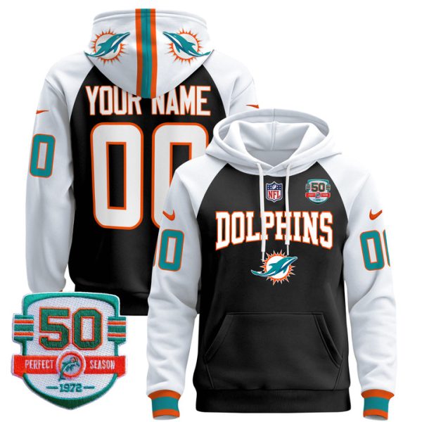 Dolphins 50th 1972 Perfect Season Patch Custom Pullover Stitched Hoodie - Black Alternate