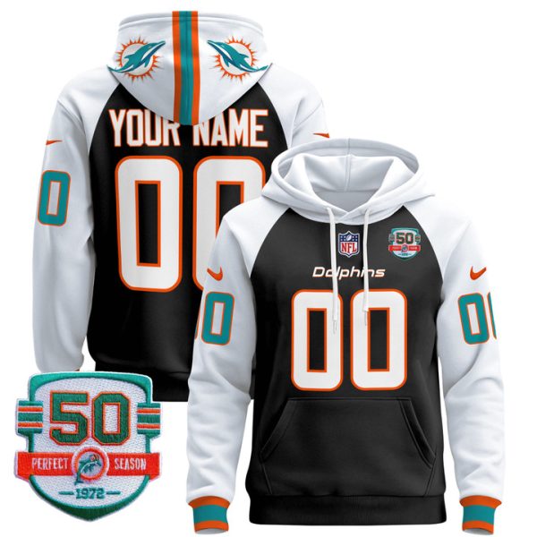 Dolphins 50th 1972 Perfect Season Patch Custom Pullover Stitched Hoodie - Black Alternate