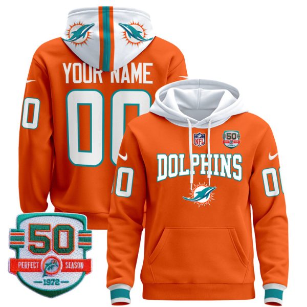 Dolphins 50th 1972 Perfect Season Patch Custom Pullover Stitched Hoodie - Orange