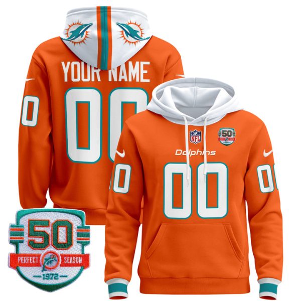 Dolphins 50th 1972 Perfect Season Patch Custom Pullover Stitched Hoodie - Orange