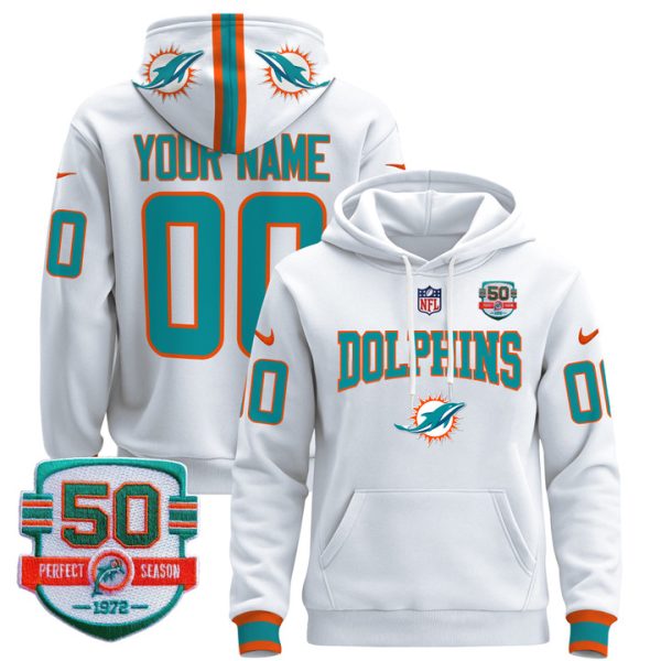 Dolphins 50th 1972 Perfect Season Patch Custom Pullover Stitched Hoodie - White