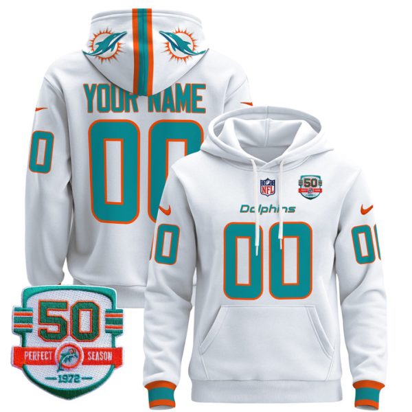 Dolphins 50th 1972 Perfect Season Patch Custom Pullover Stitched Hoodie - White