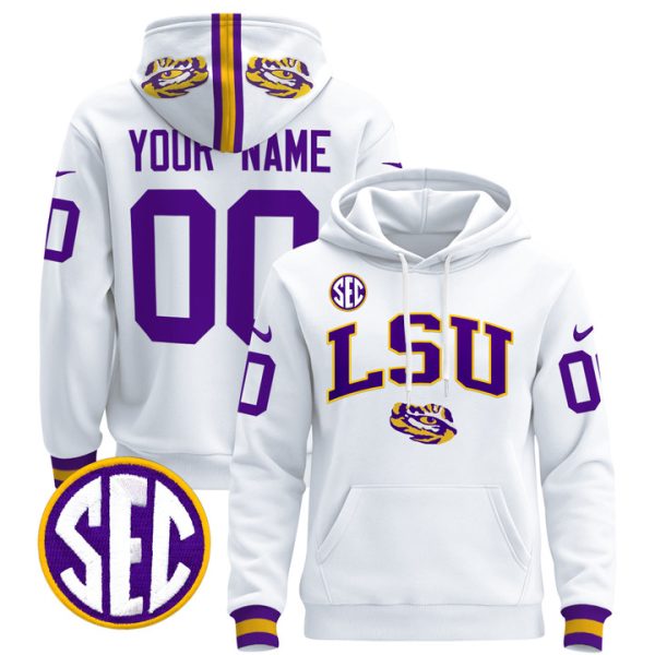 LSU Tigers 2024 Custom Pullover Stitched Hoodie - White