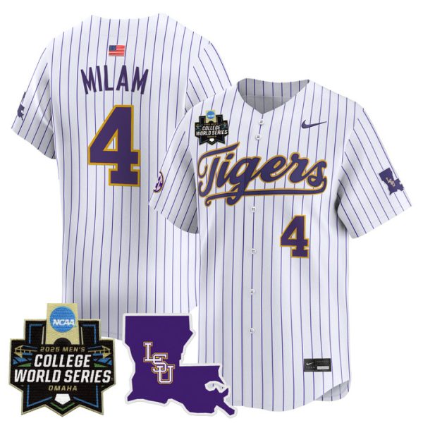 LSU Tigers 2025 World Series Vapor Premier Limited Jersey Stitched Pinstripe Steven Milam