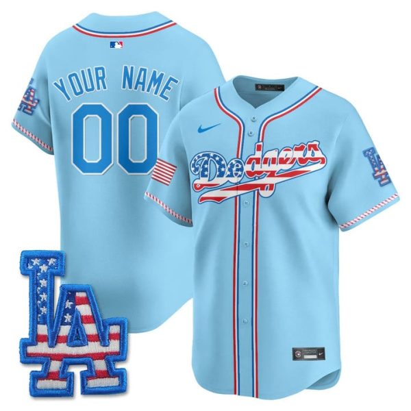 Los Angeles Dodgers 2025 Fourth of July Vapor Premier Limited Custom Jersey Stitched Light Blue