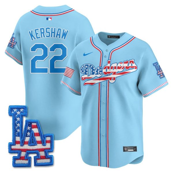 Los Angeles Dodgers 2025 Fourth of July Vapor Premier Limited Jersey Stitched Light Blue Clayton Kershaw