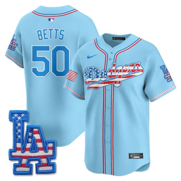 Los Angeles Dodgers 2025 Fourth of July Vapor Premier Limited Jersey Stitched Light Blue Mookie Betts