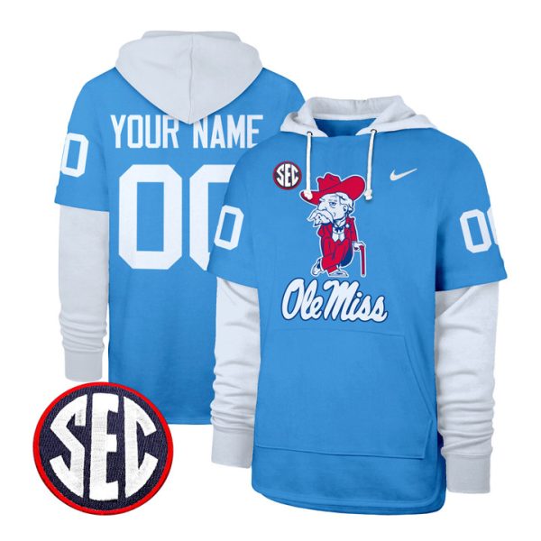 Ole Miss Rebels Shortstop 2024 Custom Pullover Stitched Hoodie - Powder Blue