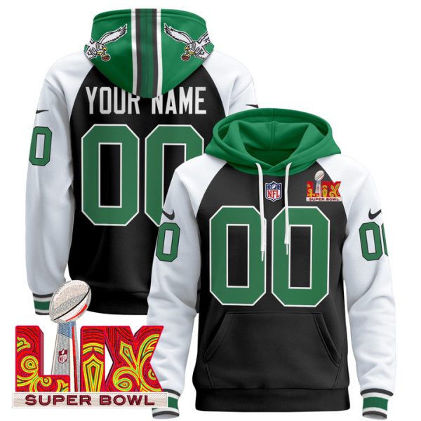Philadelphia Eagles Super Bowl LIX Patch Custom Pullover Stitched Hoodie - Black Alternate