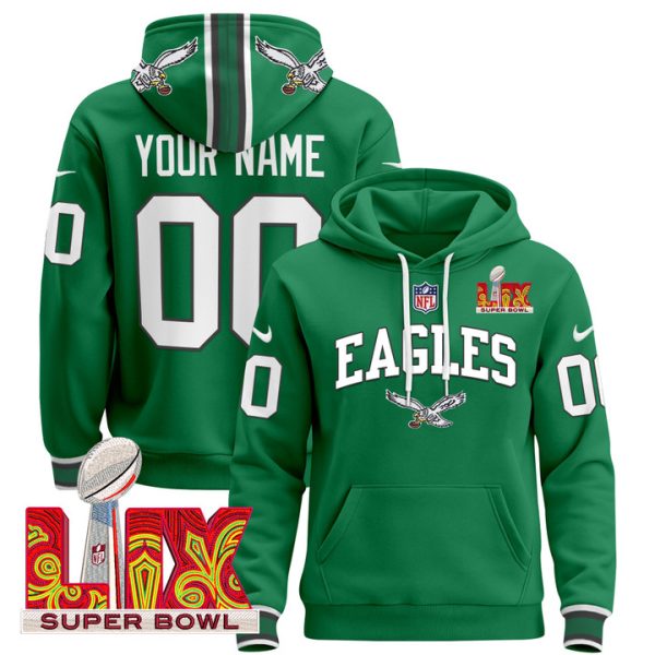 Philadelphia Eagles Super Bowl LIX Patch Custom Pullover Stitched Hoodie - Kelly Green